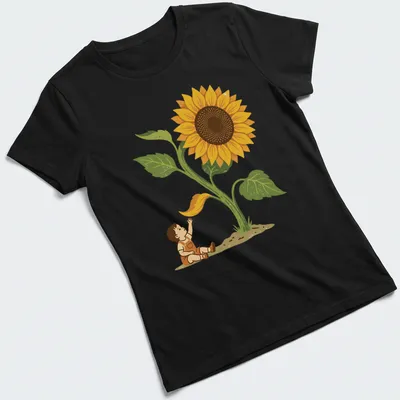 Vintage botanical toddler t-shirt with a giant sunflower and text that says Watch Me Grow — printed on a women's shirt