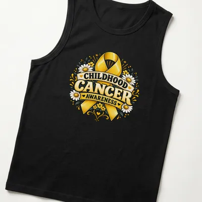 Vintage floral design with gold ribbon and text for childhood cancer awareness — printed on a tank top