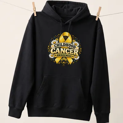 Vintage floral design with gold ribbon and text for childhood cancer awareness — printed on a unisex hoodie
