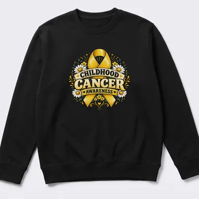 Vintage floral design with gold ribbon and text for childhood cancer awareness — printed on a unisex sweatshirt