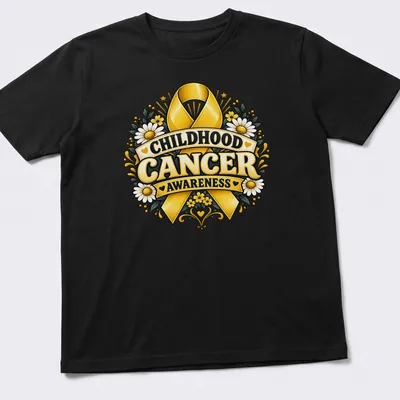Vintage floral design with gold ribbon and text for childhood cancer awareness — printed on a unisex t-shirt