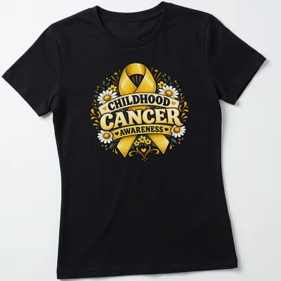 Vintage floral design with gold ribbon and text for childhood cancer awareness — printed on a women's shirt