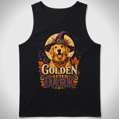 Vintage illustration of a Golden Retriever in a witch hat with Halloween colors — printed on a tank top