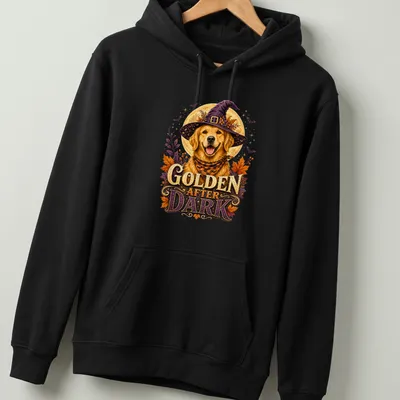 Vintage illustration of a Golden Retriever in a witch hat with Halloween colors — printed on a unisex hoodie