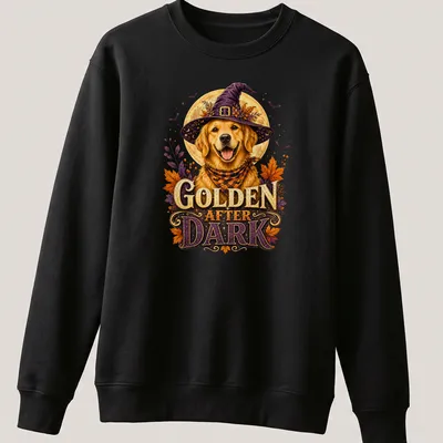 Vintage illustration of a Golden Retriever in a witch hat with Halloween colors — printed on a unisex sweatshirt