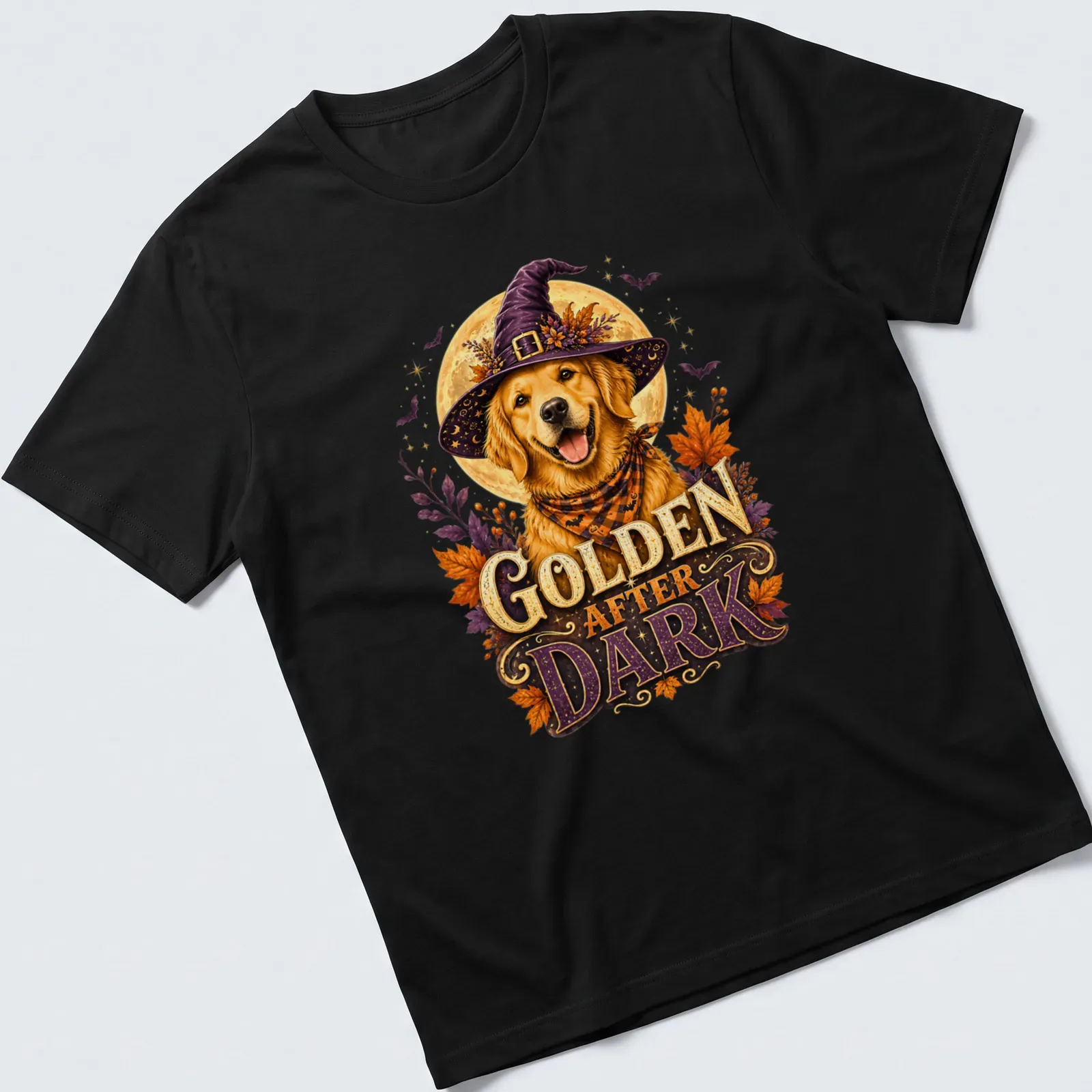 Vintage illustration of a Golden Retriever in a witch hat with Halloween colors — printed on a unisex t-shirt