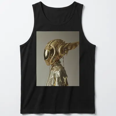 Futuristic metallic print of a golden winged space helmet in gold, silver, and black — printed on a tank top