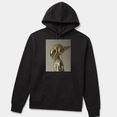 Futuristic metallic print of a golden winged space helmet in gold, silver, and black — printed on a unisex hoodie