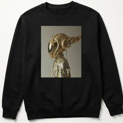 Futuristic metallic print of a golden winged space helmet in gold, silver, and black — printed on a unisex sweatshirt