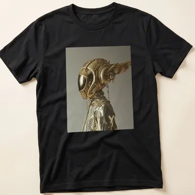 Futuristic metallic print of a golden winged space helmet in gold, silver, and black — printed on a unisex t-shirt