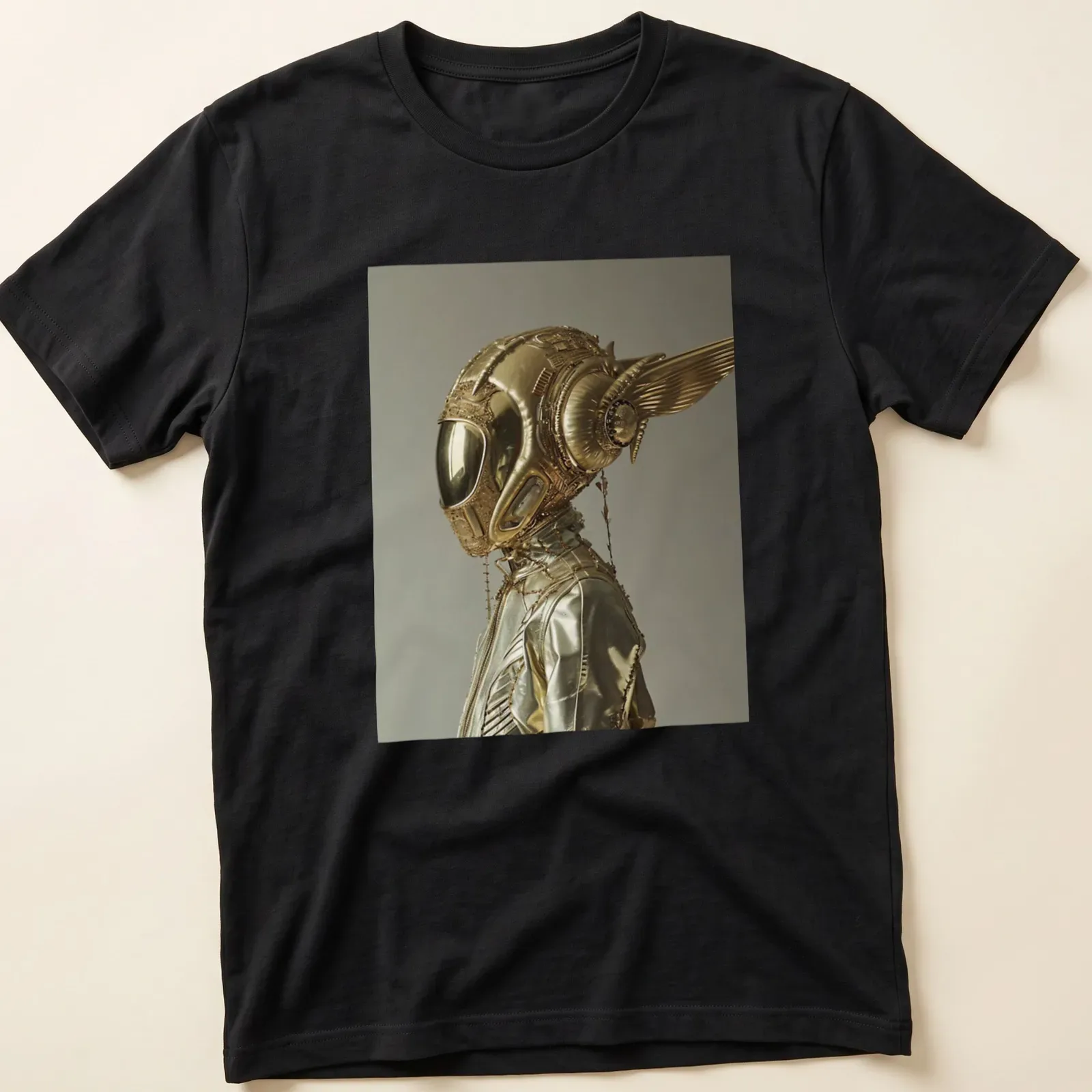 Futuristic metallic print of a golden winged space helmet in gold, silver, and black — printed on a unisex t-shirt