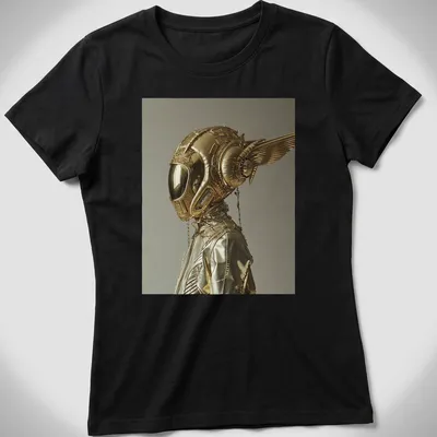 Futuristic metallic print of a golden winged space helmet in gold, silver, and black — printed on a women's shirt