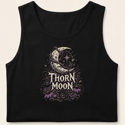 Gothic floral design featuring a crescent moon, thorns, and flowers in dark colors. — printed on a tank top