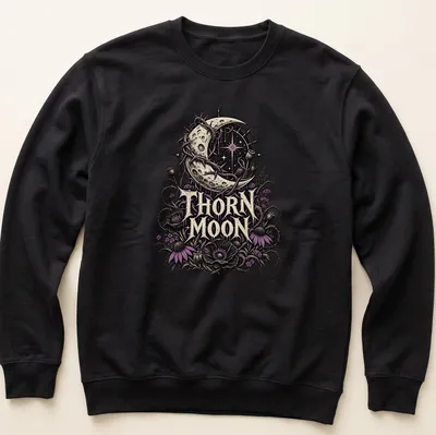 Gothic floral design featuring a crescent moon, thorns, and flowers in dark colors. — printed on a unisex sweatshirt
