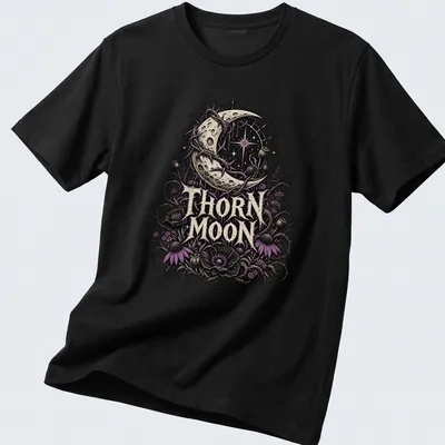 Gothic floral design featuring a crescent moon, thorns, and flowers in dark colors.