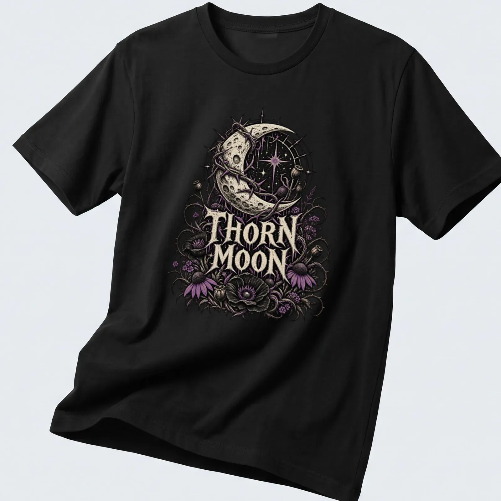 Gothic floral design featuring a crescent moon, thorns, and flowers in dark colors. — printed on a unisex t-shirt