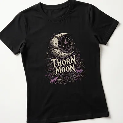 Gothic floral design featuring a crescent moon, thorns, and flowers in dark colors. — printed on a women's shirt