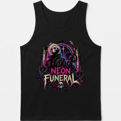 Gothic neon art featuring characters with skulls and flowers, with bold text saying 'NEON FUNERAL' — printed on a tank top
