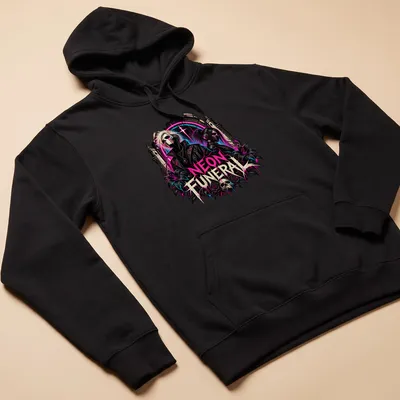 Gothic neon art featuring characters with skulls and flowers, with bold text saying 'NEON FUNERAL' — printed on a unisex hoodie