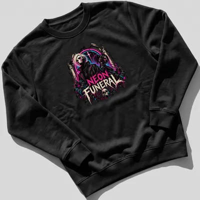 Gothic neon art featuring characters with skulls and flowers, with bold text saying 'NEON FUNERAL' — printed on a unisex sweatshirt