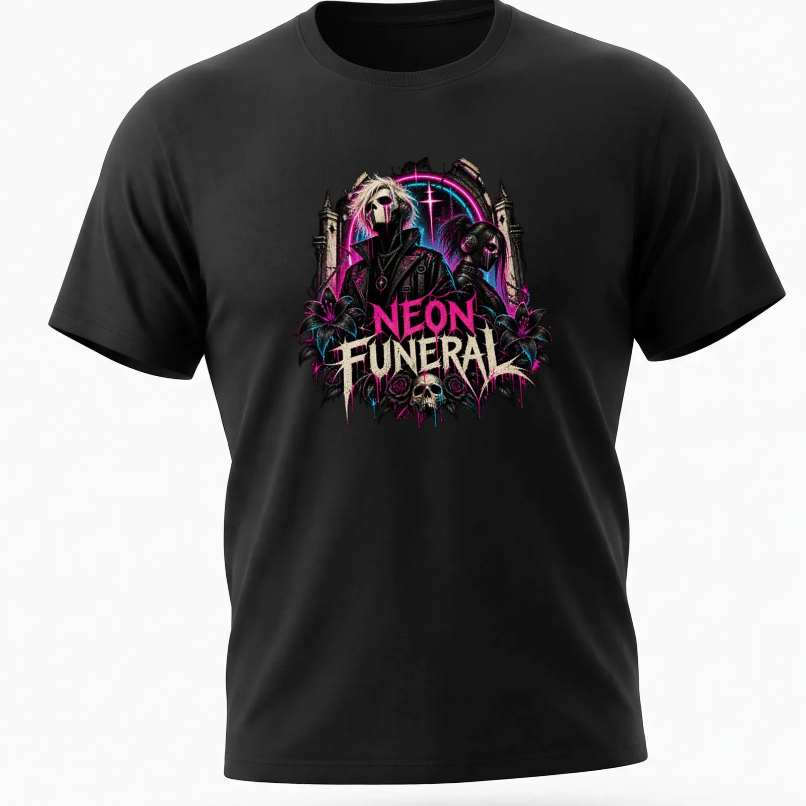 Gothic neon art featuring characters with skulls and flowers, with bold text saying 'NEON FUNERAL' — printed on a unisex t-shirt