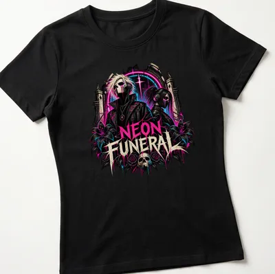 Gothic neon art featuring characters with skulls and flowers, with bold text saying 'NEON FUNERAL' — printed on a women's shirt