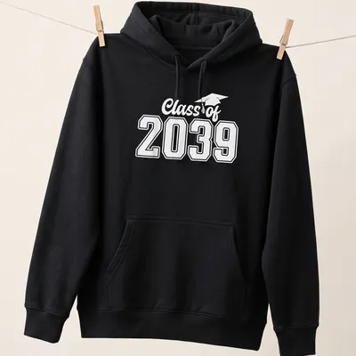 Bold modern typography Graduation Class of 2039 T-Shirt in black on white — printed on a unisex hoodie