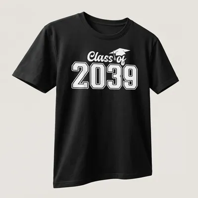 Bold modern typography Graduation Class of 2039 T-Shirt in black on white — printed on a unisex t-shirt (angled view)