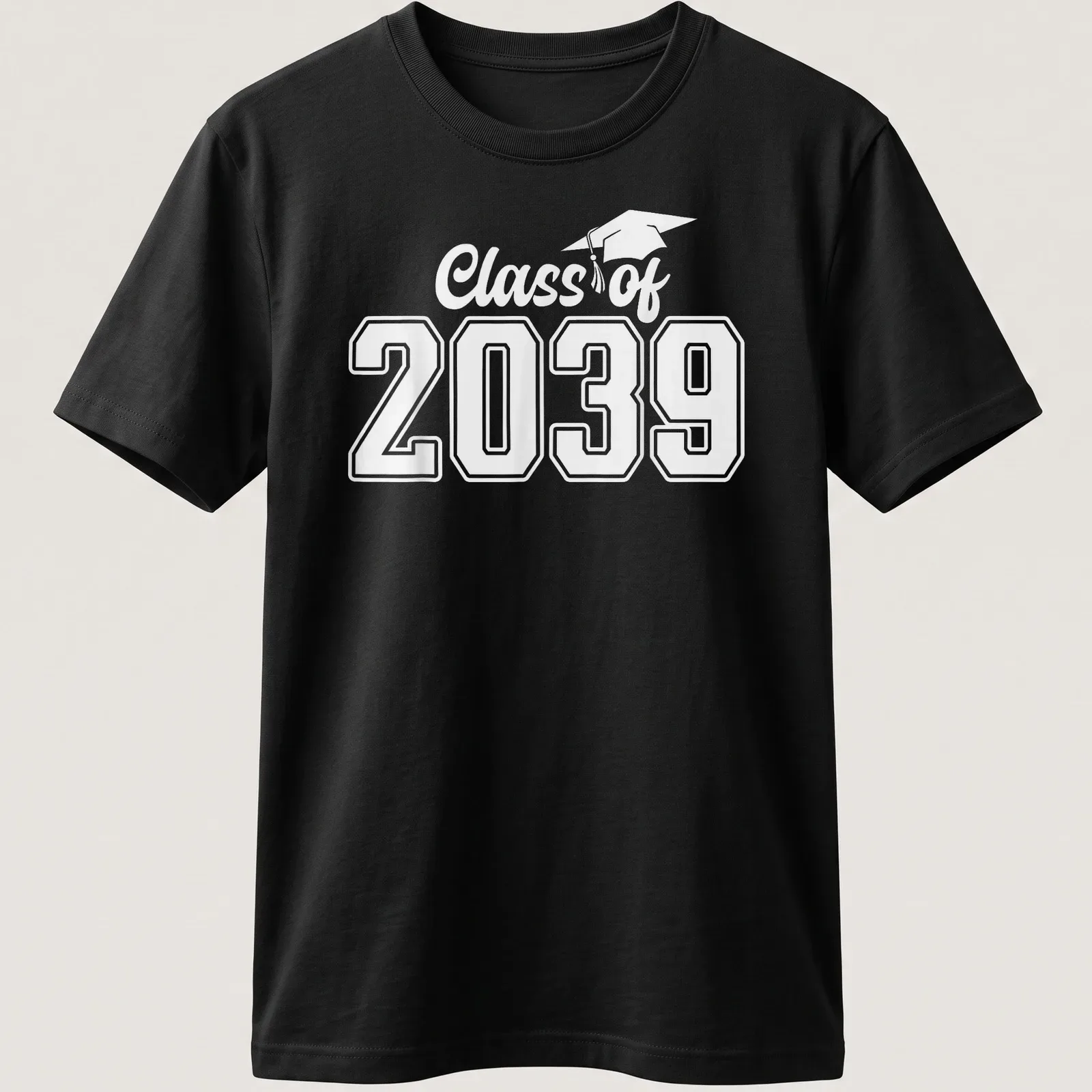 Bold modern typography Graduation Class of 2039 T-Shirt in black on white — printed on a unisex t-shirt