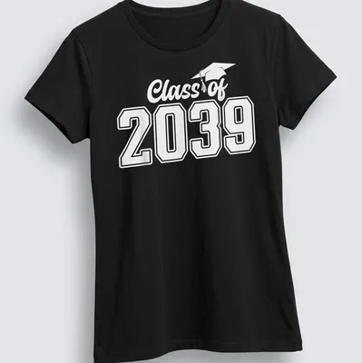Bold modern typography Graduation Class of 2039 T-Shirt in black on white — printed on a women's shirt