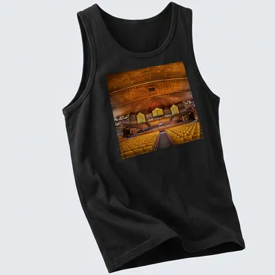 Photorealistic depiction of Great Auditorium Church interior with text 'TO THE LORD 60 BE YE' — printed on a tank top
