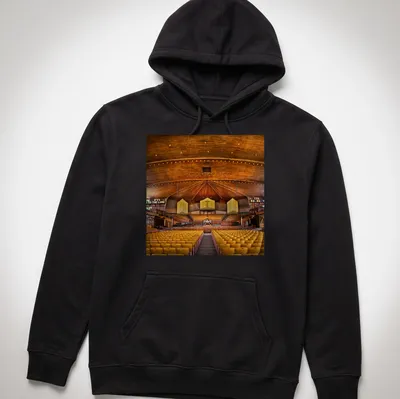 Photorealistic depiction of Great Auditorium Church interior with text 'TO THE LORD 60 BE YE' — printed on a unisex hoodie