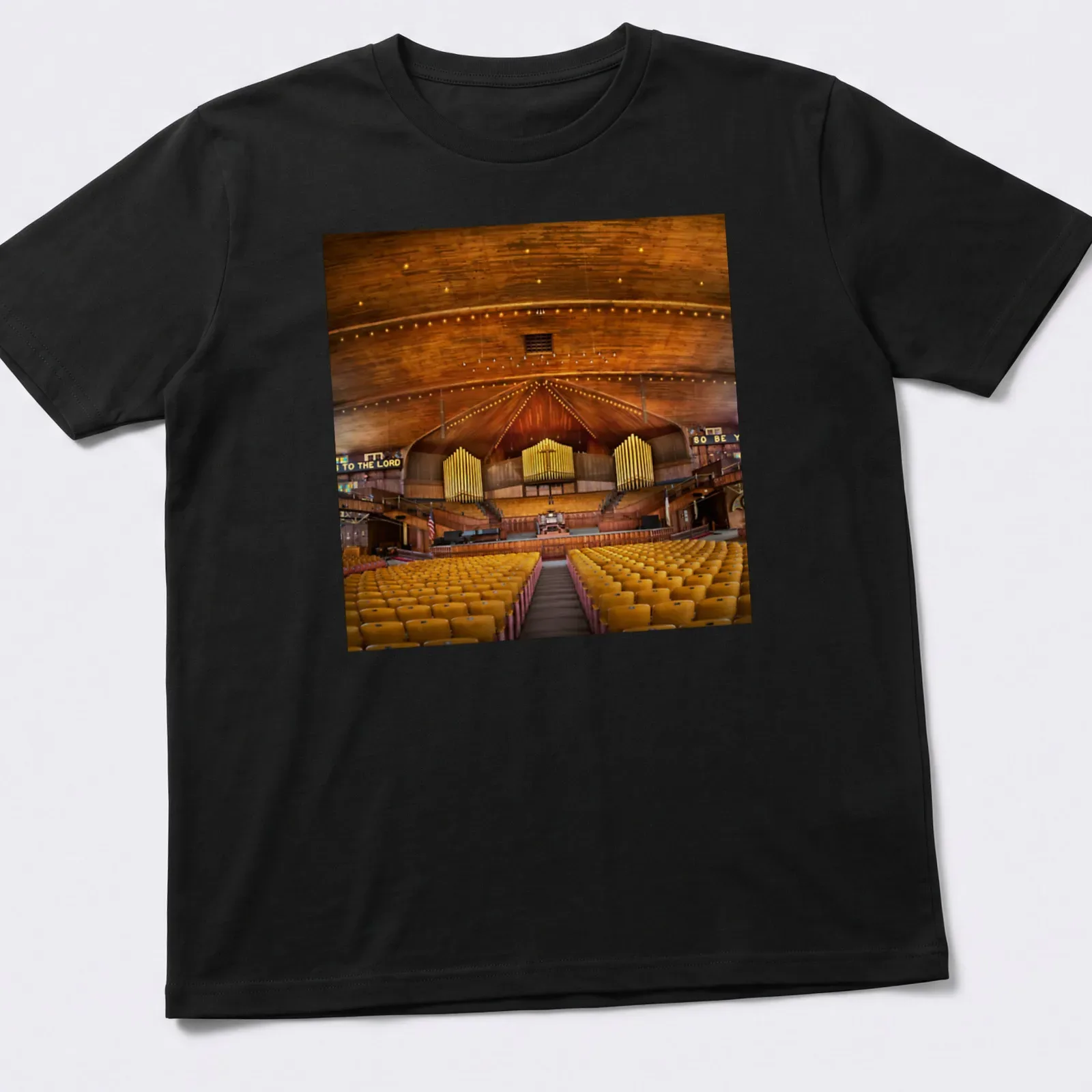 Photorealistic depiction of Great Auditorium Church interior with text 'TO THE LORD 60 BE YE' — printed on a unisex t-shirt