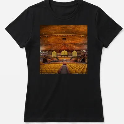 Photorealistic depiction of Great Auditorium Church interior with text 'TO THE LORD 60 BE YE' — printed on a women's shirt