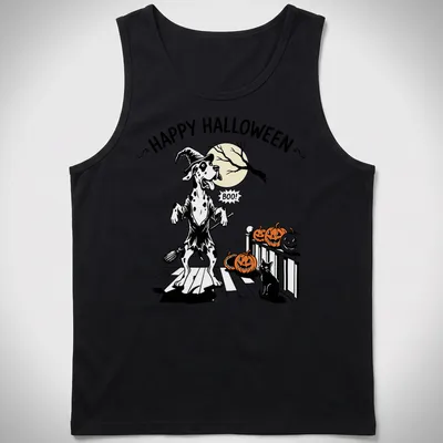 Cartoon Great Dane with Halloween text in orange, black, and white — printed on a tank top