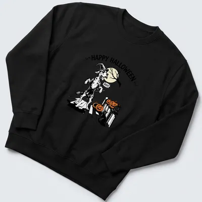 Cartoon Great Dane with Halloween text in orange, black, and white — printed on a unisex sweatshirt