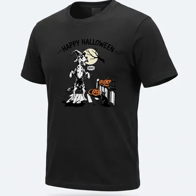 Cartoon Great Dane with Halloween text in orange, black, and white — printed on a unisex t-shirt