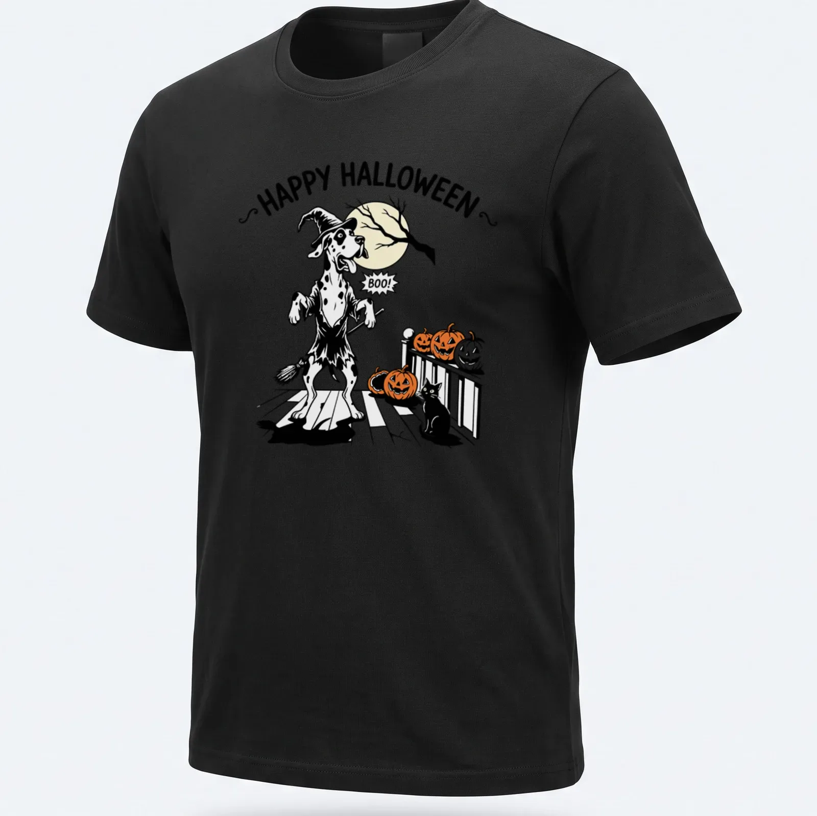 Cartoon Great Dane with Halloween text in orange, black, and white — printed on a unisex t-shirt