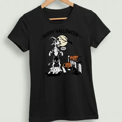 Cartoon Great Dane with Halloween text in orange, black, and white — printed on a women's shirt