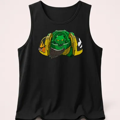 Cartoonish green armored space marine with 'Flame Aggressor 40K' text — printed on a tank top
