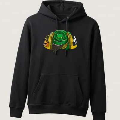 Cartoonish green armored space marine with 'Flame Aggressor 40K' text — printed on a unisex hoodie