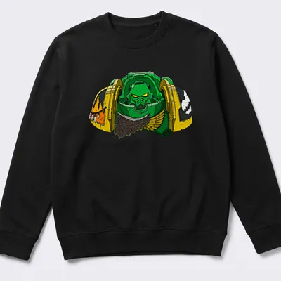 Cartoonish green armored space marine with 'Flame Aggressor 40K' text — printed on a unisex sweatshirt