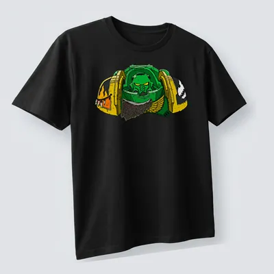 Cartoonish green armored space marine with 'Flame Aggressor 40K' text — printed on a unisex t-shirt (angled view)