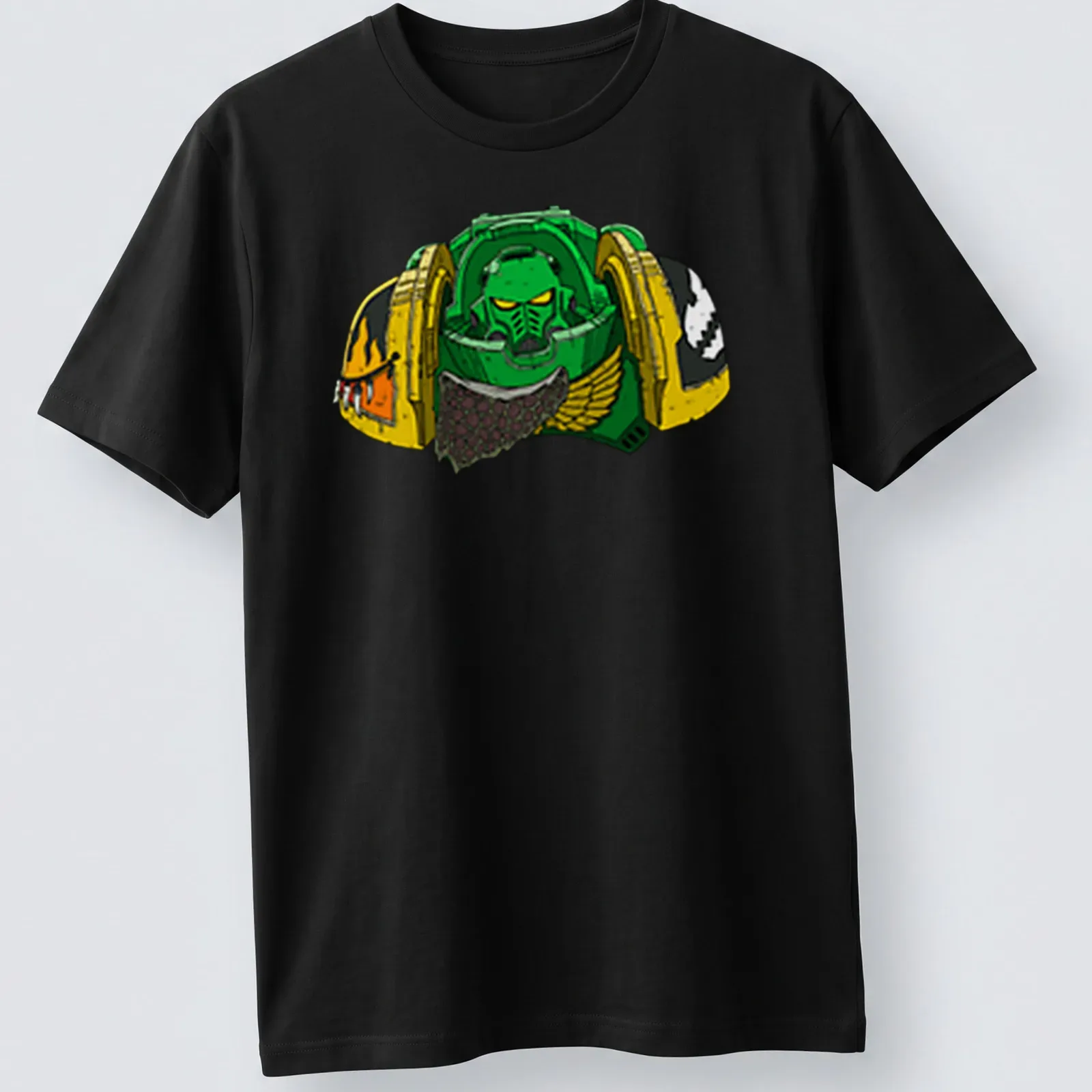 Cartoonish green armored space marine with 'Flame Aggressor 40K' text — printed on a unisex t-shirt
