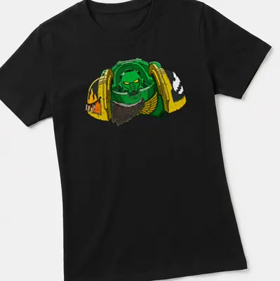 Cartoonish green armored space marine with 'Flame Aggressor 40K' text — printed on a women's shirt