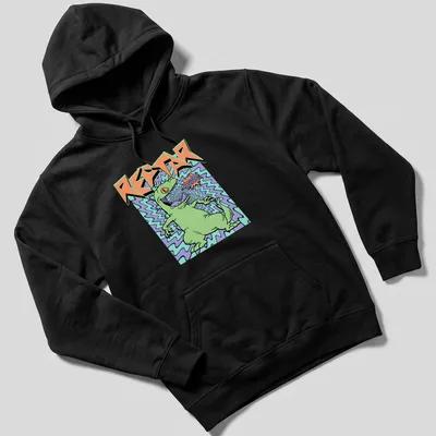 Cartoon green dinosaur roaring with text 'REPTAR RAWR!' in colorful print — printed on a unisex hoodie