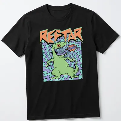 Cartoon green dinosaur roaring with text 'REPTAR RAWR!' in colorful print