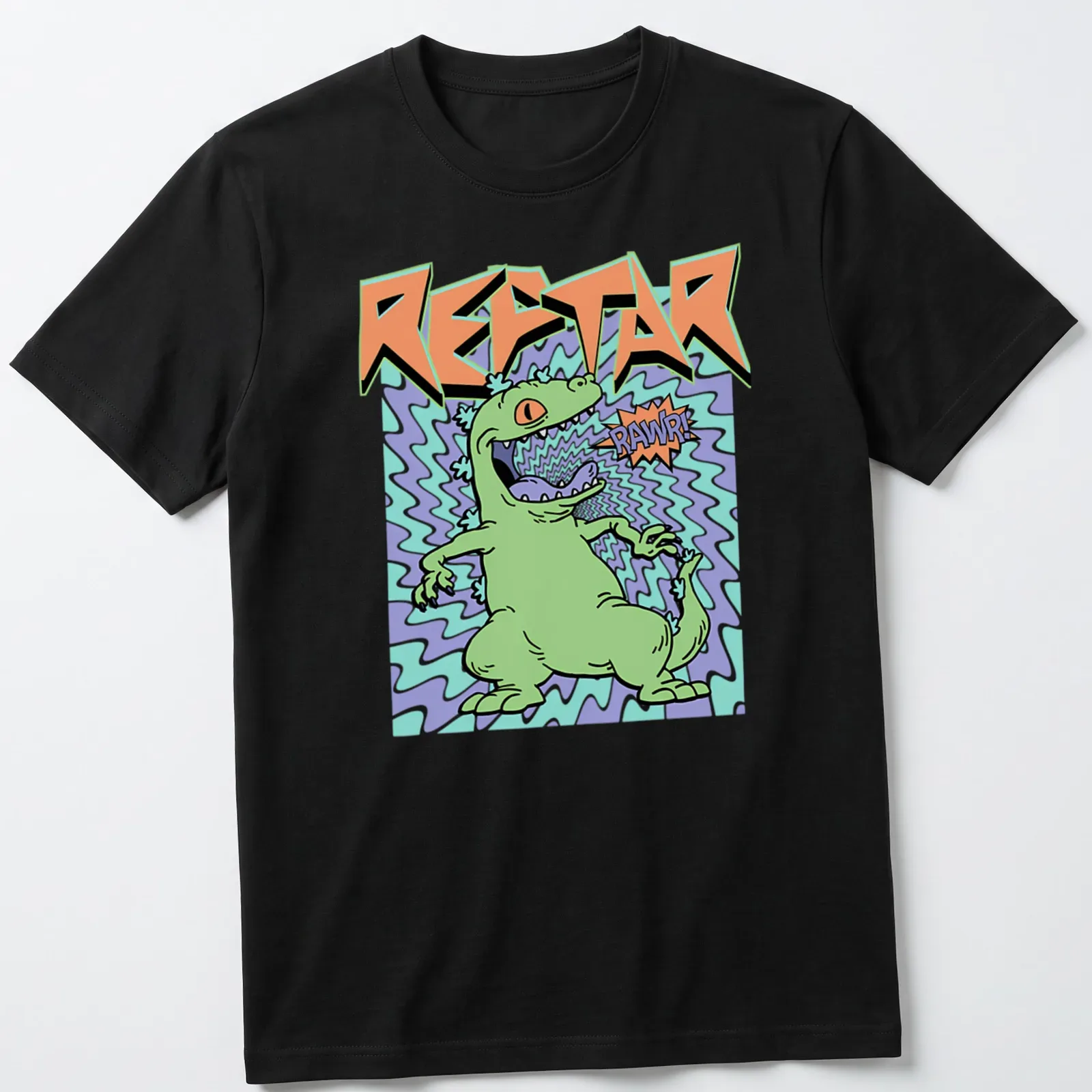 Cartoon green dinosaur roaring with text 'REPTAR RAWR!' in colorful print — printed on a unisex t-shirt