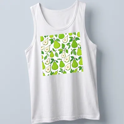 Kawaii style t-shirt featuring a pattern of green pears and leaves — printed on a tank top