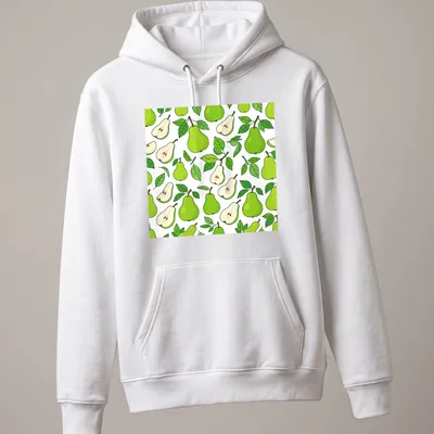 Kawaii style t-shirt featuring a pattern of green pears and leaves — printed on a unisex hoodie
